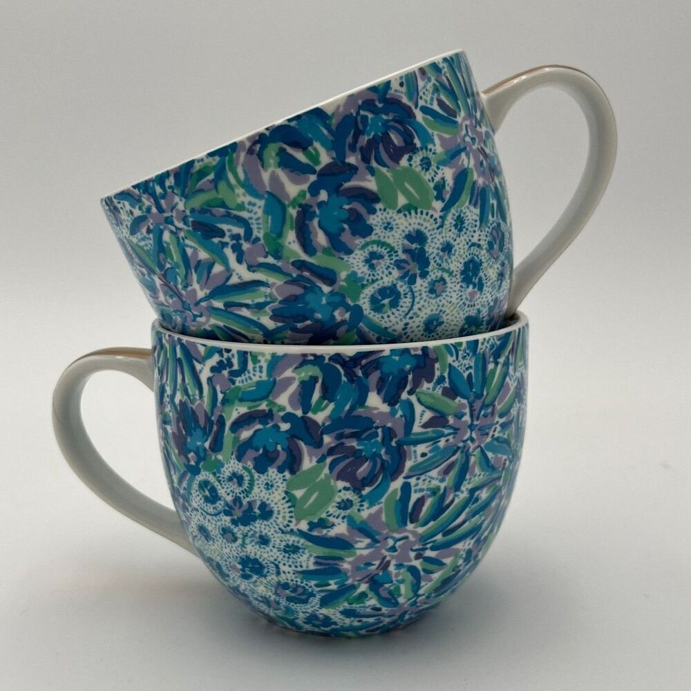 Lilly Pulitzer Blue Floral Ceramic Coffee Mug Set of Two
